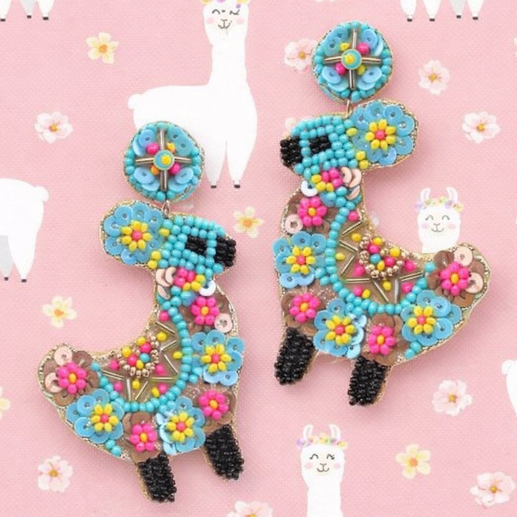Colorful Beaded & Sequin Llama Earrings Handmade Boho Fiesta Statement Dangle
